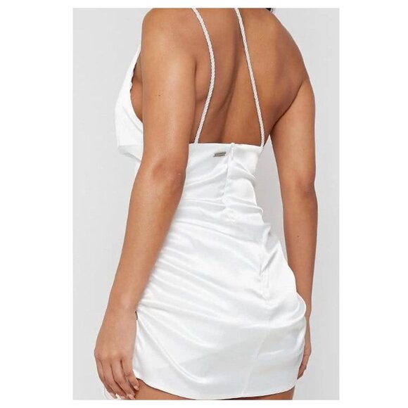 Maniere De Voir NWT White Satin Ruched Side Rope Mini Dress Sze 14 Clubwear Sexy - Picture 2 of 12